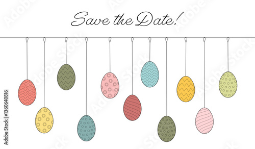 Save the date - Schriftzug in englischer Sprache - Reserviere den Termin. Karte mit hängenden bunten Ostereiern.