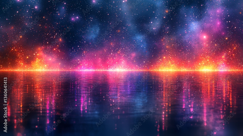A colorful nebula over a body of water with stars in the background A colorful nebula over a body of water with stars in the background