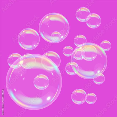 Soap bubbles on pink background. Vector design.