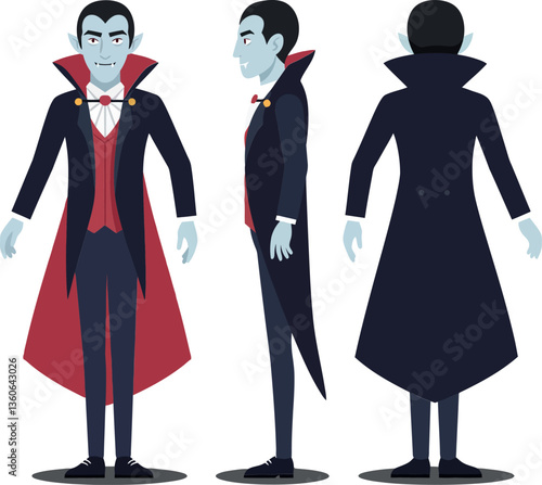 A detailed illustration of a classic vampire character in minimalist flat design showcasing multiple angles and expressions in vector art
