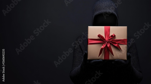 Mysterious figure holding a gift box in the dark - package, scammers, deception  