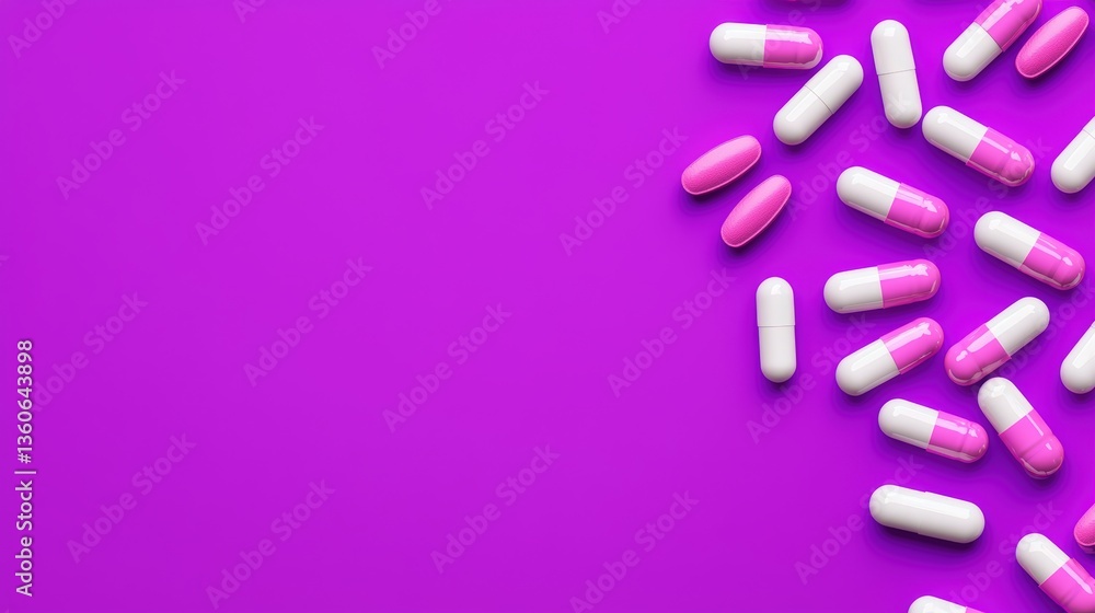 Pink and white capsules scattered on a vibrant purple background providing ample copy space for pharmaceutical or healthcare related text or designs. Pink and white capsules scattered on a vibrant purple background providing ample copy space for pharmaceutical or healthcare related text or designs.