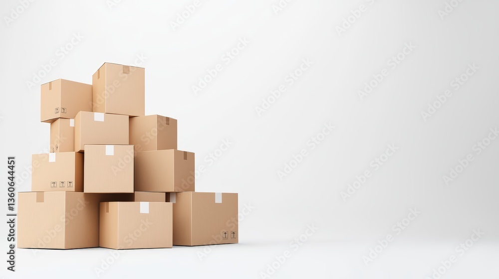 A stack of various sized cardboard boxes sits neatly arranged on a clean white background perfect for shipping packaging and delivery concepts. A stack of various sized cardboard boxes sits neatly arranged on a clean white background perfect for shipping packaging and delivery concepts.