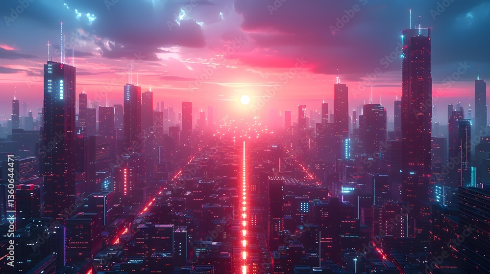 Fototapeta premium Cityscape at Sunset with Glowing Lights and High Rise Buildings