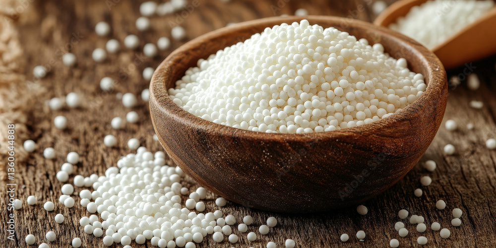 White tapioca pearls in wooden bowl on rustic wood background White tapioca pearls in wooden bowl on rustic wood background