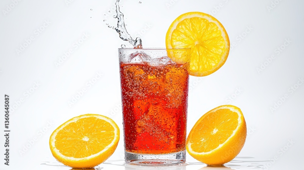 A refreshing glass of iced tea with orange slices and splashing water droplets sits on a white background perfect for summer beverage advertisements. A refreshing glass of iced tea with orange slices and splashing water droplets sits on a white background perfect for summer beverage advertisements.