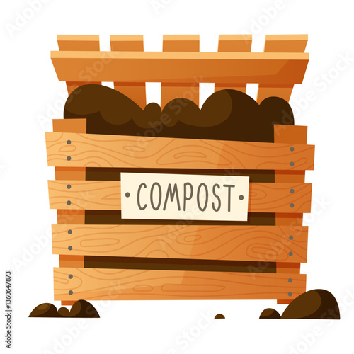 Vector illustration on the theme of organic compost, eco gardening, agriculture. Compost wooden box, container with fertile soil. Vegetable garden, garden, farming.