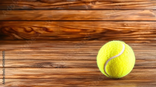 A single bright yellow tennis ball rests on a rustic dark brown wooden surface against a blurred wood background perfect for sports or fitness themes.