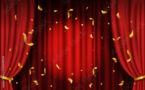 Red stage curtain with golden confetti. Vector illustration