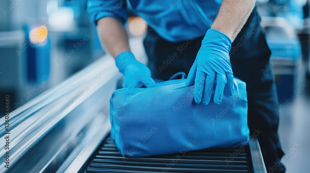 Close-up of a security officer in blue gloves inspecting luggage and packages on a roller conveyor at an airport checkpoint, ensuring safety and compliance during baggage screening. Close-up of a security officer in blue gloves inspecting luggage and packages on a roller conveyor at an airport checkpoint, ensuring safety and compliance during baggage screening.