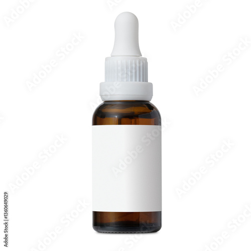 Serum bottle with pipette isolated on white background, top view. Close-up frosted glass container for skin care beauty product, above. Aromatherapy, essence or perfume blank