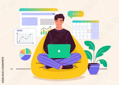 Freelancer working remotely. Vector illustration