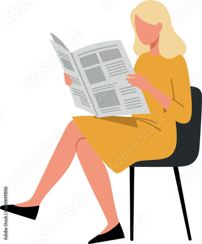 Woman reading a newspaper while sitting comfortably in a modern chair, showcasing a minimal and flat design style in vector art