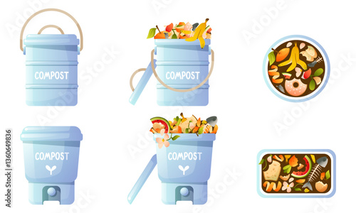 Vector set on the theme of organic compost, eco gardening, composting, agriculture. Compost bin, food waste, container, bucket for composting in the apartment, front view, top view.