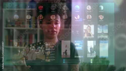 Young African American Woman Navigating Holographic Social Media Panels Using Advanced Augmented Reality Interface In A Smart Home Setting.