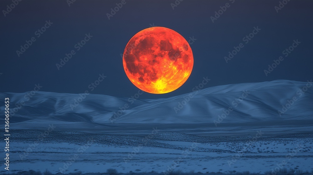 Haunting Red Moon Rising Over Snow Covered Desert Hills Creating a Mysterious Glow Haunting Red Moon Rising Over Snow Covered Desert Hills Creating a Mysterious Glow