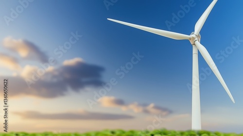 A single white wind turbine stands tall against a vibrant sunset sky with soft clouds and blurred green foreground indicating a sustainable energy source.