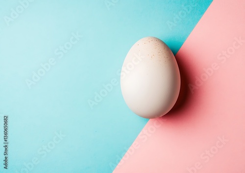 A single white egg on a colorful pink and blue background