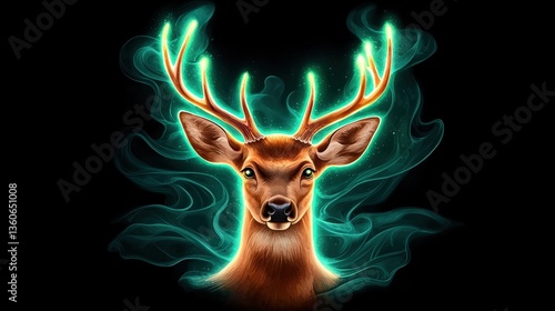 A majestic deer portrait glows with vibrant teal mystical energy swirling around its antlers against a black background creating an ethereal and captivating image.