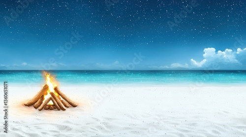 A mesmerizing bonfire burns brightly on a pristine white sand beach under a breathtaking night sky filled with countless sparkling stars and a tranquil ocean.