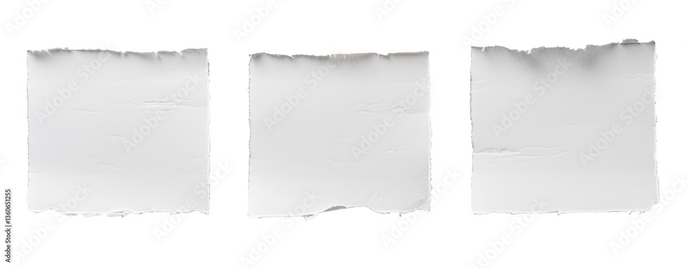 Fototapeta premium White array of square sticky notes on transparent background, white textured torn paper squares with empty space for text, subtle grain. Png