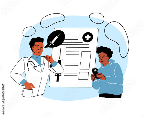 Doctor consulting patient about vaccination. Vector illustration