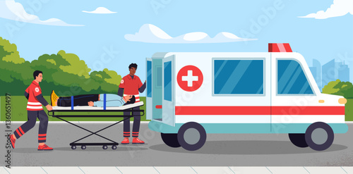 Paramedics helping a patient. Vector illustration