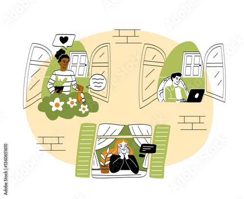 People socializing through windows. Vector illustration