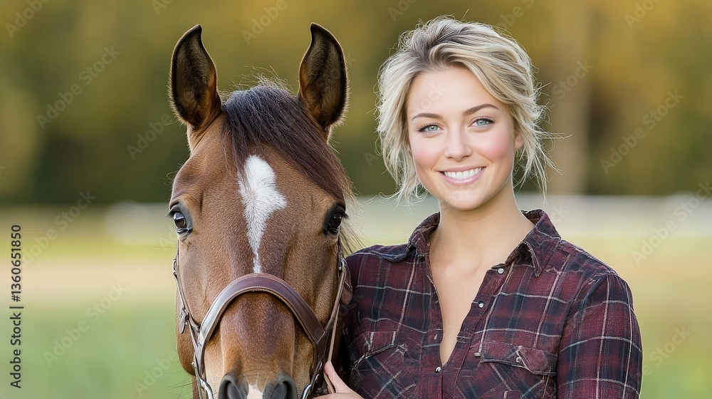 Fototapeta premium A smiling woman poses with a horse against a blurred green background.