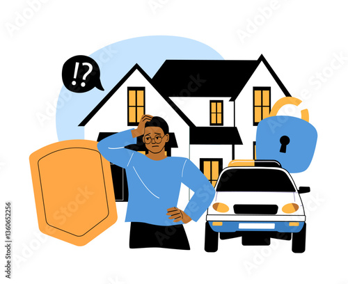 Confused person with security icons. Vector illustration