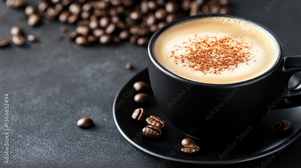 Rich, frothy cappuccino in a black mug, surrounded by coffee beans Rich, frothy cappuccino in a black mug, surrounded by coffee beans