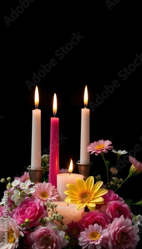 Candles and flowers in still life, dark background, contrast, remembrance, home decor