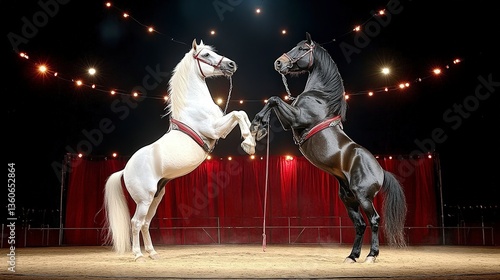 Fototapeta Naklejka Na Ścianę i Meble -  Two majestic horses perform in a circus, showcasing strength and elegance under bright lights.