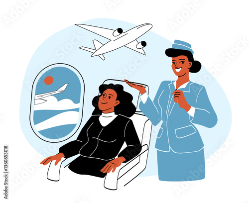 Friendly flight attendant assisting passenger. Vector illustration