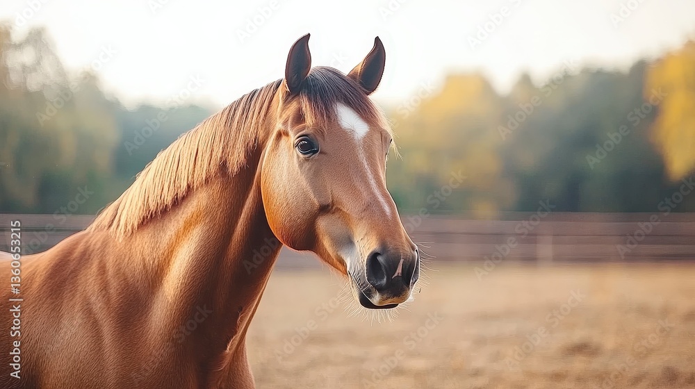 Fototapeta premium Majestic horse standing in a serene pasture with a blurred background of trees.