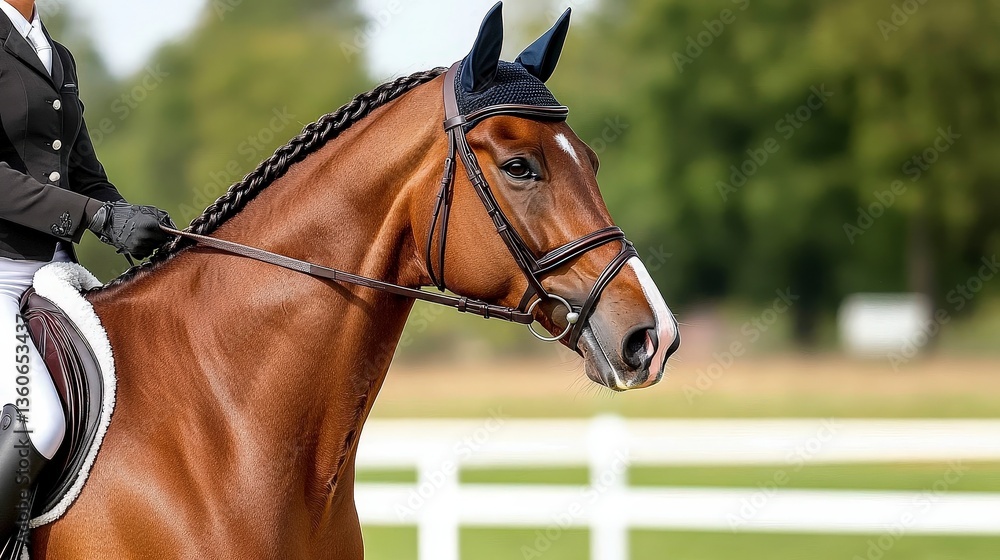 Obraz premium Elegant horse in bridle with rider, showcasing harmony in equestrian sport against a lush green backdrop.