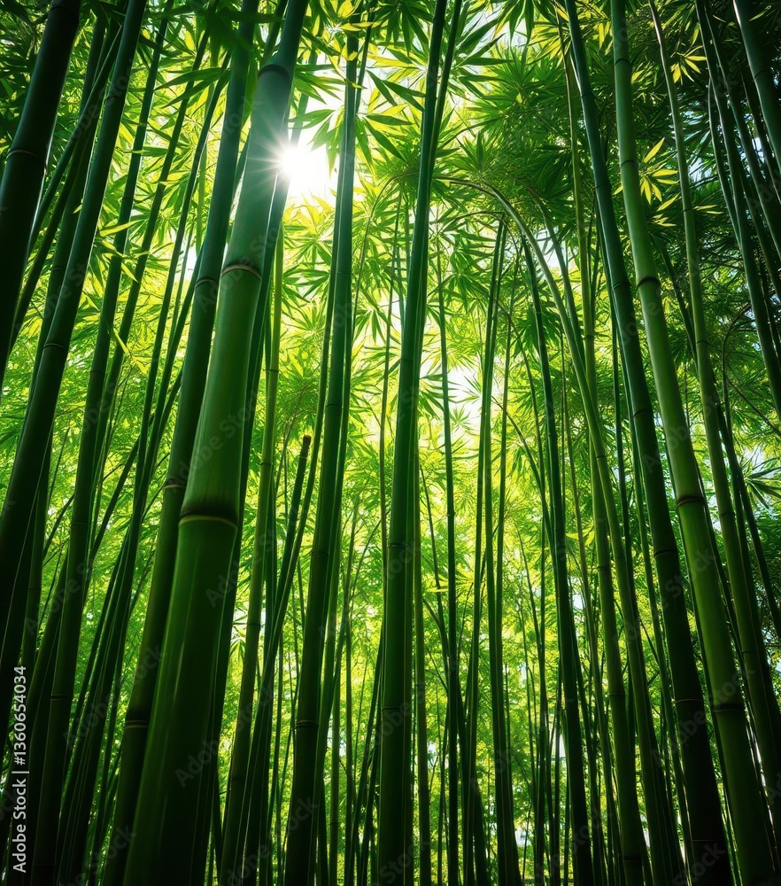 Fototapeta premium Dense green bamboo stalks, sunlight dappled leaves, backdrop, bamboo