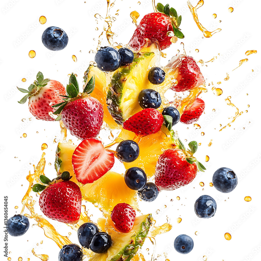 Pineapple Slices and Strawberries Flying in a Tropical Fruit and Juice Splash Isolated on Transparent Background Pineapple Slices and Strawberries Flying in a Tropical Fruit and Juice Splash Isolated on Transparent Background