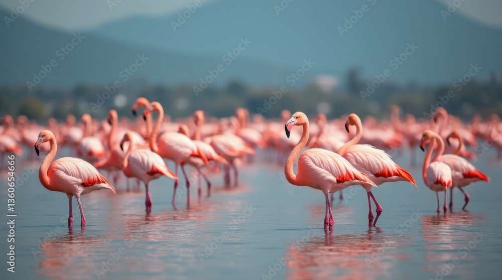 Fototapeta premium Beautiful pink flamingos on the lake