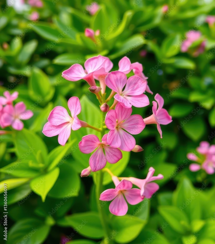 Pink Adenium obesum blooms in sharp focus, lush green backdrop, design, floral arrangement, petals Pink Adenium obesum blooms in sharp focus, lush green backdrop, design, floral arrangement, petals