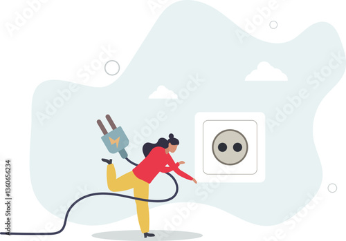 Failure or mistake, accident or surprise problem that impact business concept, clumsy businesswoman stumble with power cable electric plug falling on the floor.flat character life .