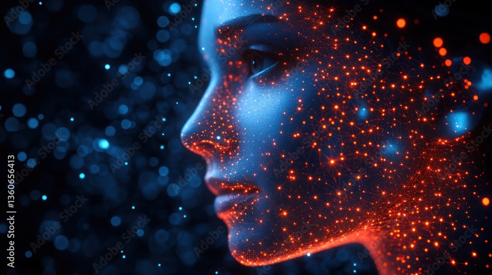 Glowing woman's face formed by particles. Glowing woman's face formed by particles.