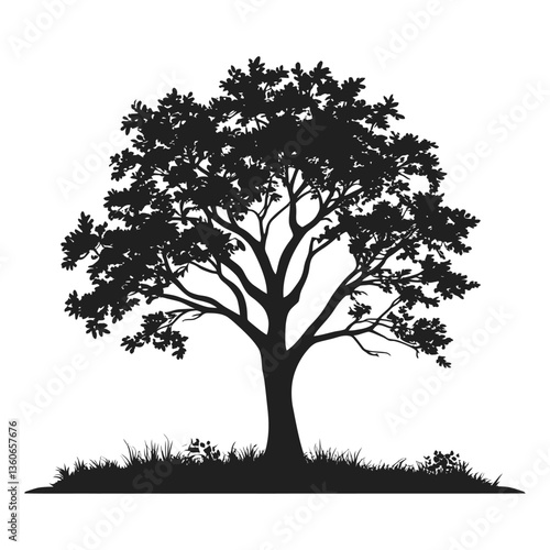 A striking black silhouette of a large oak tree with lush foliage and a grassy area at its base against a pure white background.