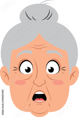 Surprised elderly woman with gray hair and wide-open eyes in a flat vector illustration style conveying shock and astonishment in her expression