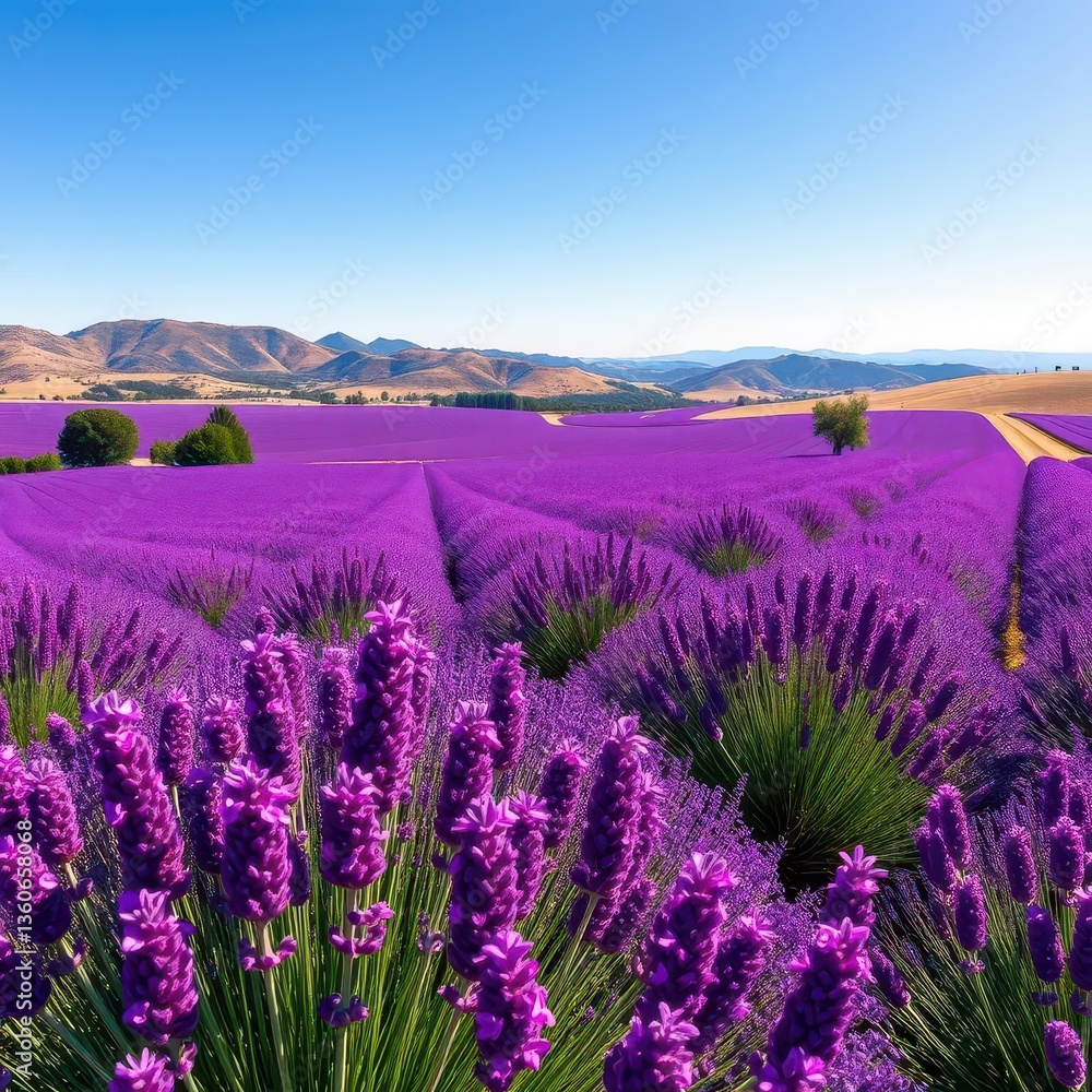 Naklejka premium Sweeping panoramic view of a vibrant purple lavender field in Provence, sun-drenched hills in the background, image, flowers, Provence