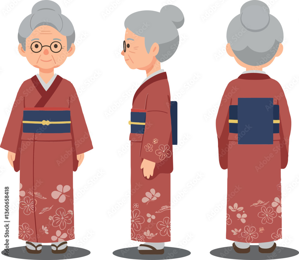 Elderly woman in traditional kimono showcasing three angles, flat design with floral patterns, warm colors, joyful expression, vector illustration Elderly woman in traditional kimono showcasing three angles, flat design with floral patterns, warm colors, joyful expression, vector illustration