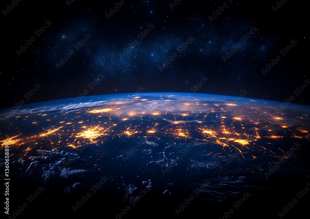 Obraz premium Earth at night with city lights and star filled sky