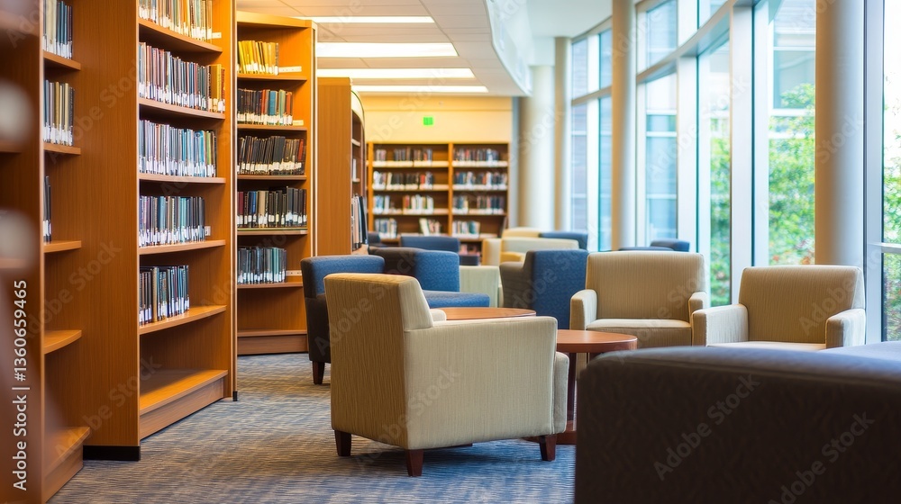 Cozy library interior featuring comfortable seating and bookshelves, with natural light streaming in Cozy library interior featuring comfortable seating and bookshelves, with natural light streaming in