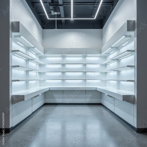 "Vacant Pharmacy Shelves with Backlit Panels and Diffused Light for Placement Product"