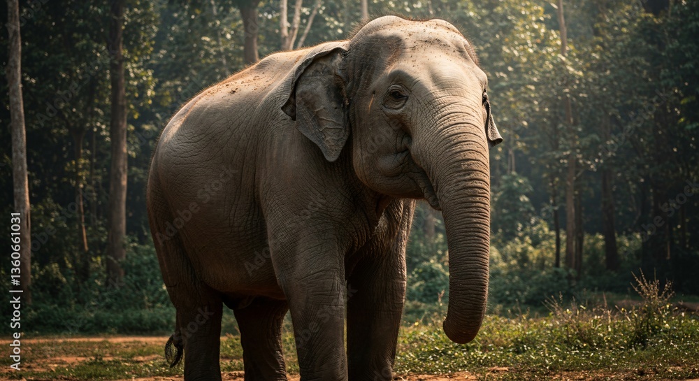 Fototapeta premium A majestic elephant stands in a lush green forest setting